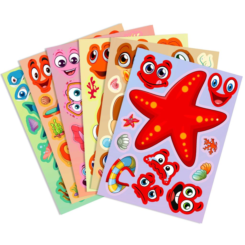 6 Photos/pack of Cute Marine Creatures Repeatable Puzzle Stickers Waterproof Stickers