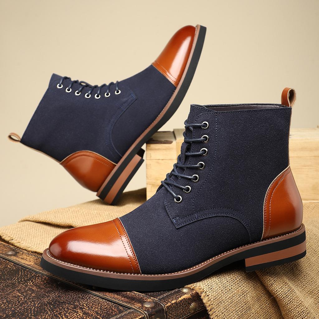 New Designer Pointed Mixed Color Lace Up Business Casual Ankle Boot for Men Winter High Tops Motorcycle Chelsea Leather Shoes