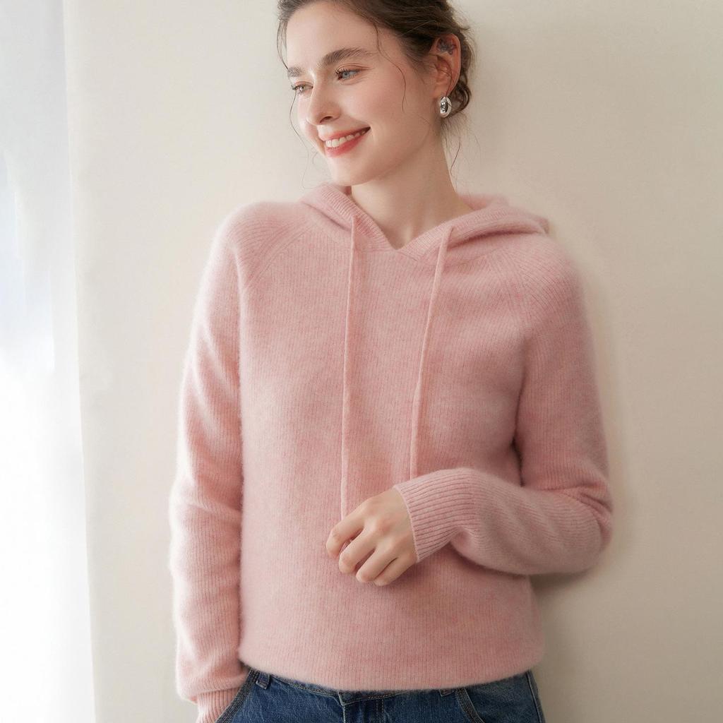 Autumn/Winter 2025 Women's Ribbed Cashmere Hoodie - Thick, Elegant, Solid Color, Warm Base Layer Sweater