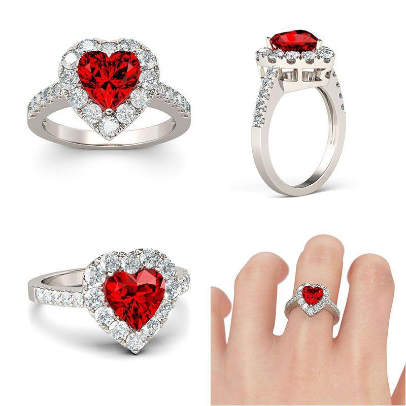 Elegant Silver Plated Ring With Red Ruby Gemstone Rhinestone For Proposal Gift