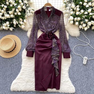 Robe de soirée chic style français pour dames, col en V, manches longues, maille florale 3D, paillettes, empiècement en satin, robes haut de gamme