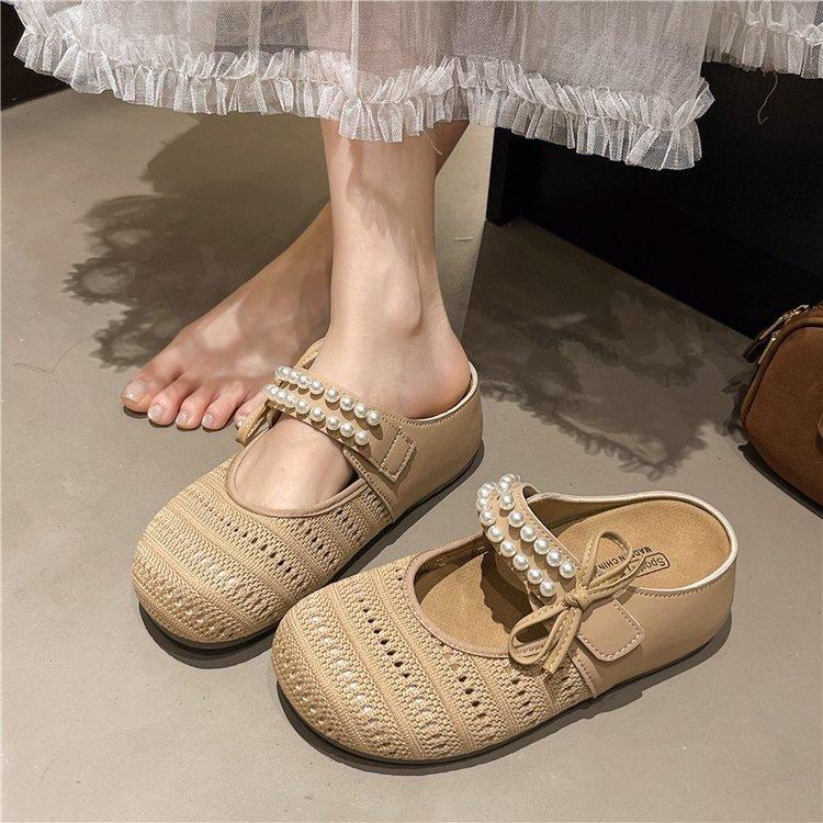 Baotou Slippers Wear Women's Heightening Pearl Birkencool Slippers with One Pedal, Breathable Mesh Flying Weaving 2025 Summer New Models