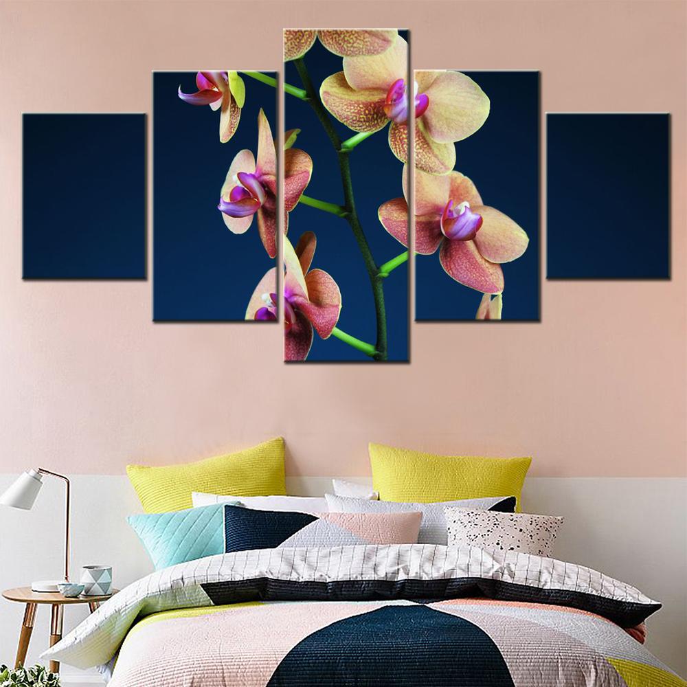 5 Stück Leinwand Wandkunst Blumen Orchideenblüten Blauer Hintergrund Tapete Modernes Zuhause Dekor Poster Kunstwerk Wohnzimmer Bild Kein Rahmen