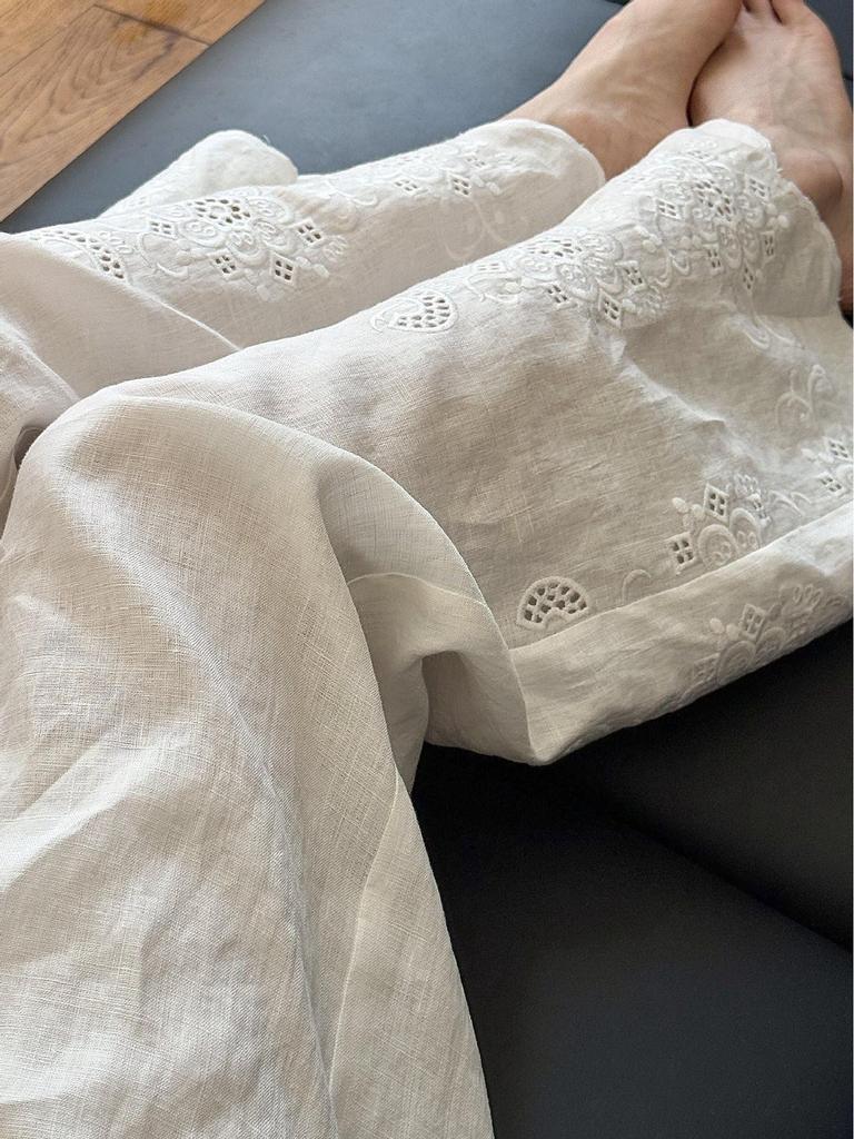 Women's Off-White Linen Wide-Leg Pants with Summer Embroidery and Lace
