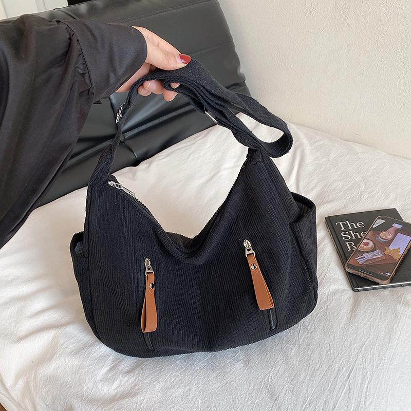 

Solid Color Corduroy Shoulder Bags for Women Large Capacity Ladies Multi-Pocket Hobos Tote Simple Portable Girls Crossbody Bag чёрный