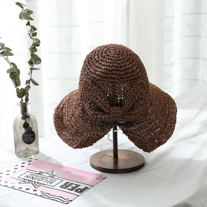 Simple small edge straw hat women's summer casual basin hat bow basin hat travel crochet foldable sunshade sun hat