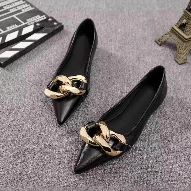 Fashion Flat Shoes for Women 2025 Spring and Autumn New Pointed Toe Metal Chain Fashion Flat Casual Plus Size Women's Shoes