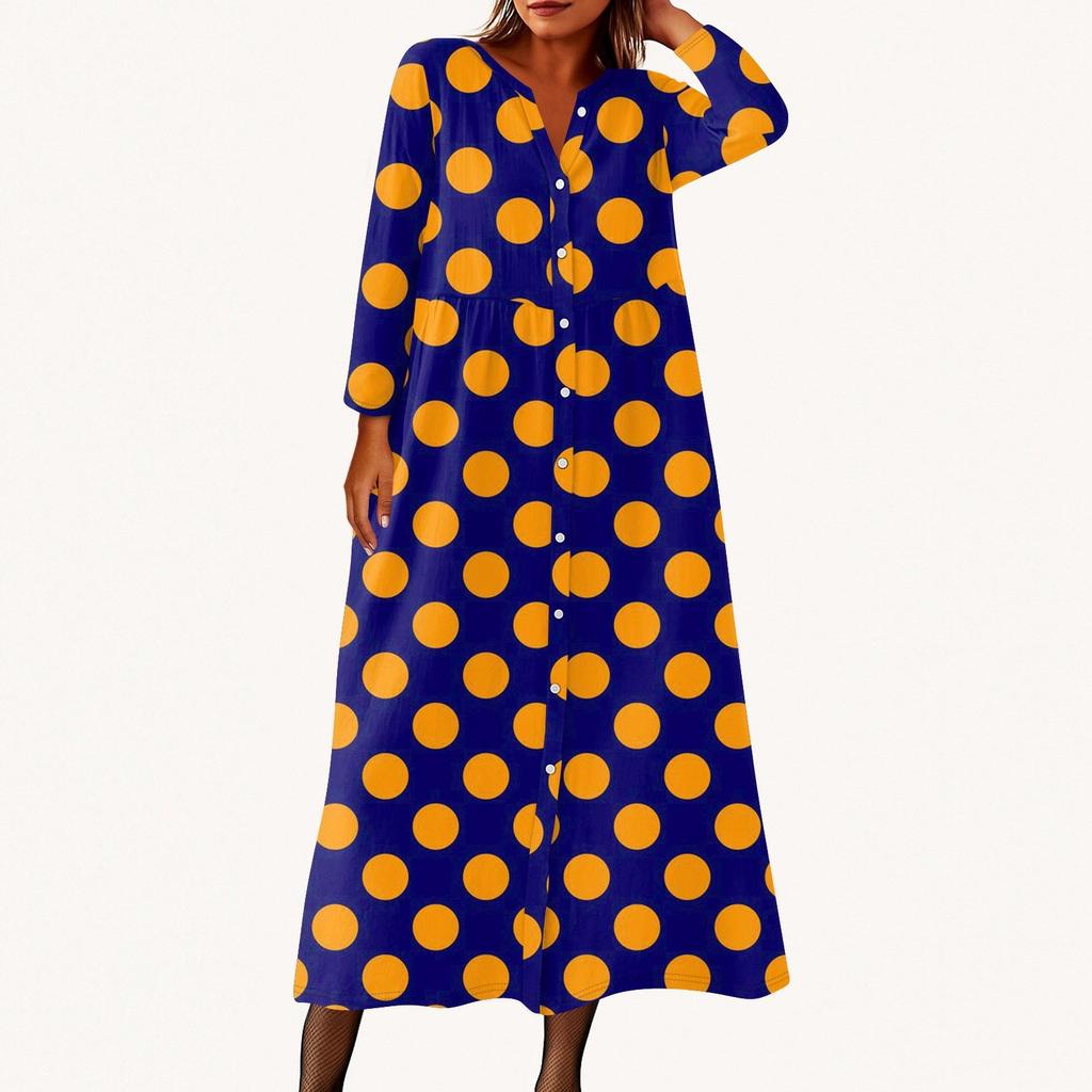 Women's Fashionable Printed Round Neck Seven Quarter Sleeve Button Loose Shirt Dress