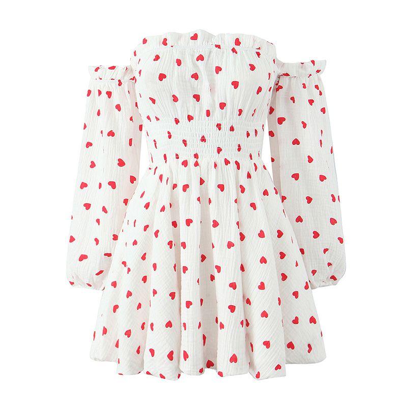 

Cream Girl French Style Young Adult Sweet Style Heart Floral-Print off-Shoulder Puff Sleeves Princess Holiday Dress Milky White Heart L