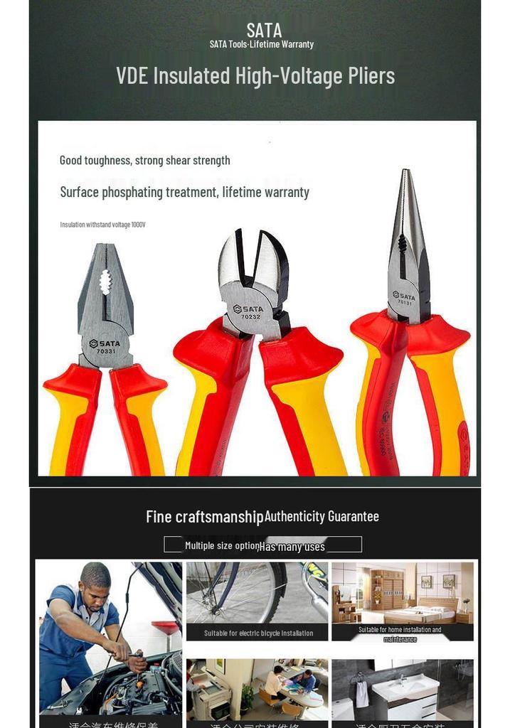 SATA VDE Insulated High Voltage Diagonal Cutting Pliers 6" & 7"