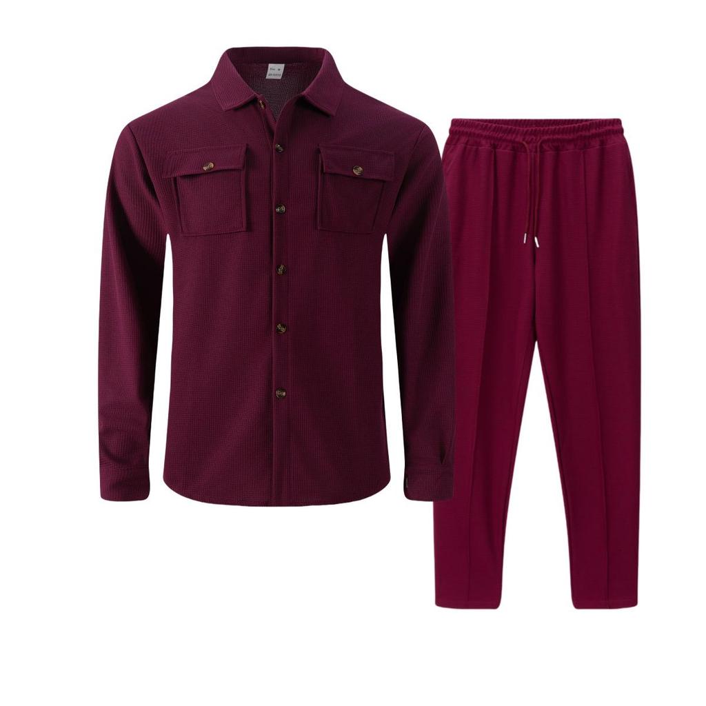 European & American Autumn Waffle Long Sleeve Two-Piece Cardigan Set with Double Pocket.