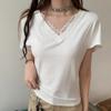 New ArriVals Open Run Women V Neck Layered Lace ShorT sleeVe T shirT