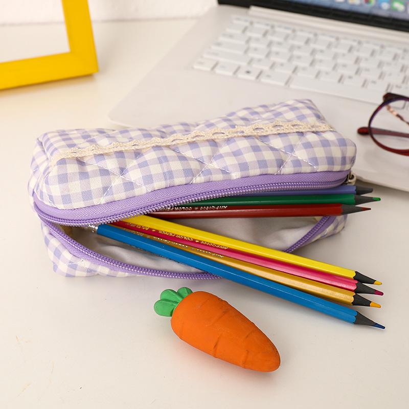 Large Capacity Pen Bag Sweet Plaid Lace Pencil Case Portable Student Stationery Storage Bag Girly Cosmetic Bag Gifts