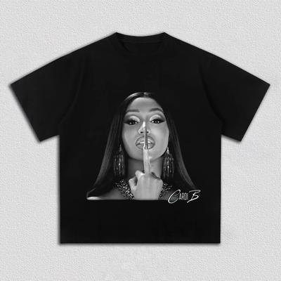 T-shirt Graphique Cardi B, Unisexe Hip-Hop Rapper Logo Imprimé, Noir & Blanc Décontracté Coton Pur Streetwear T-shirts Femmes et Hommes