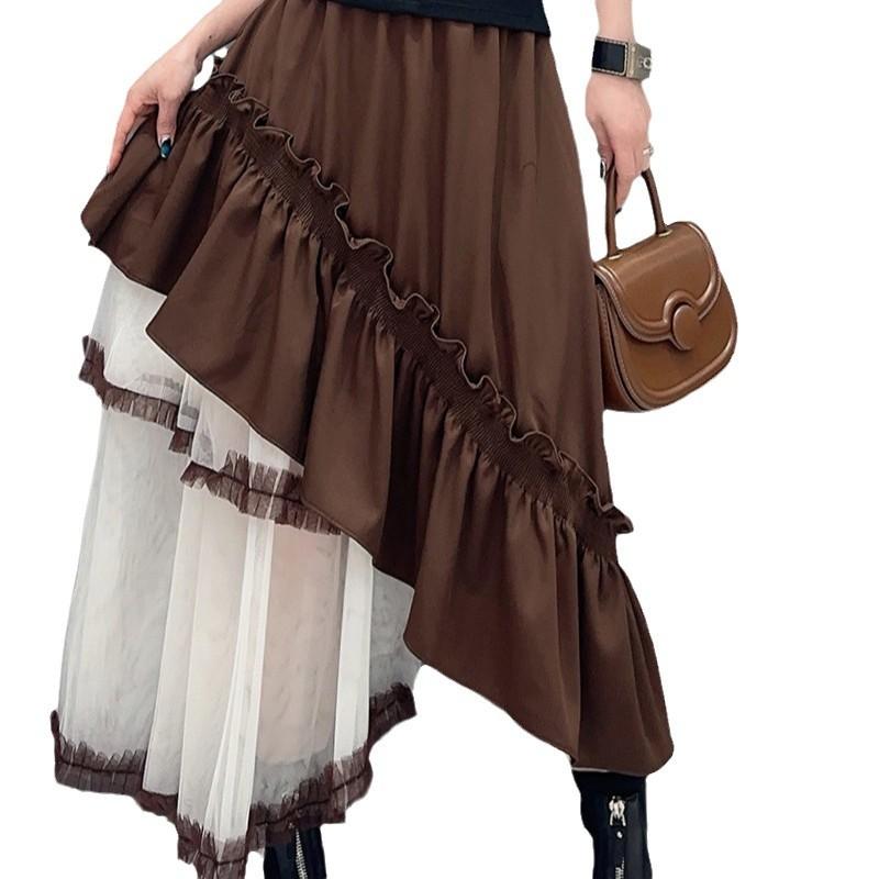 European Station Spring and Autumn New French Retro Design Sense Irregular Mesh Splicing Fluffy Half-length Dress Women