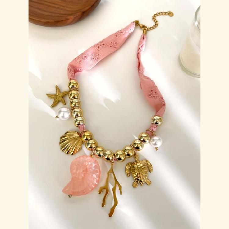 Ocean Themed Ceramic Shell And Starfish Pendant Necklace Adjustable Length Collarbone Chain Summer Gift