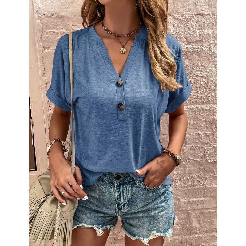 

Twisted Button Solid Color V-neck Top Twist Buckle Solid V-neck Loose Top Blue XXL