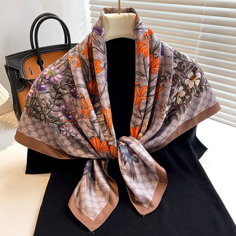Headscarf Printed Twill Silk Large Square Scarf Small Fragrant Silk Scarf Women'S Anti-Sun Scarf Decorative Scarf Shawl 90Cm