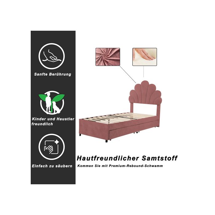 Lit d'enfant - MUVOE - 90 x 200 cm - Tête de lit florale - 2 tiroirs de rangement - Velours rose