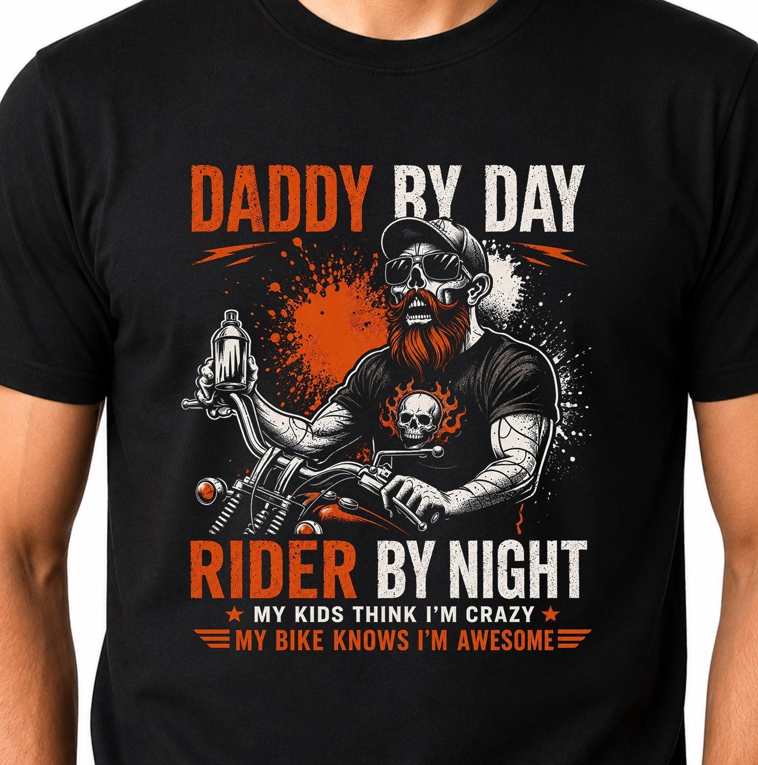 Skull Biker T-Shirt Daddy By Day Rider By Night Motorcycle Dad Funny Graphic Tee XXXL
