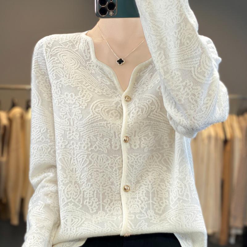 V-neck Early Autumn Wool Cardigan with French Lace Trim