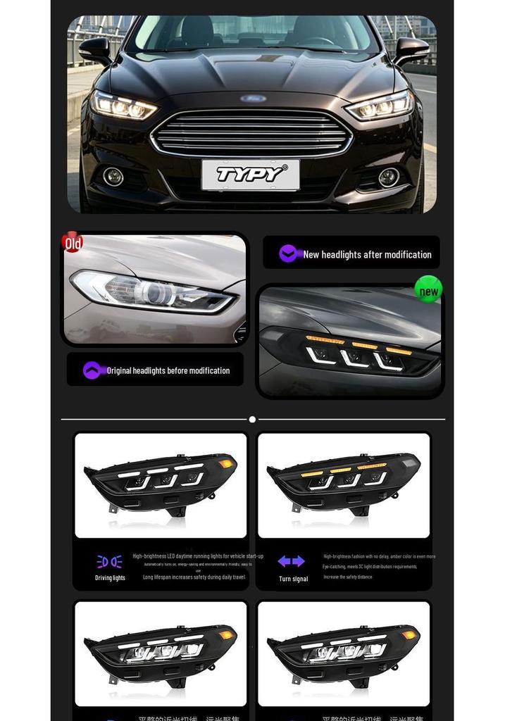 LED Lens Headlight Assembly with Flowing Turn Signals for 13-16 Ford Mondeo, Mustang Style