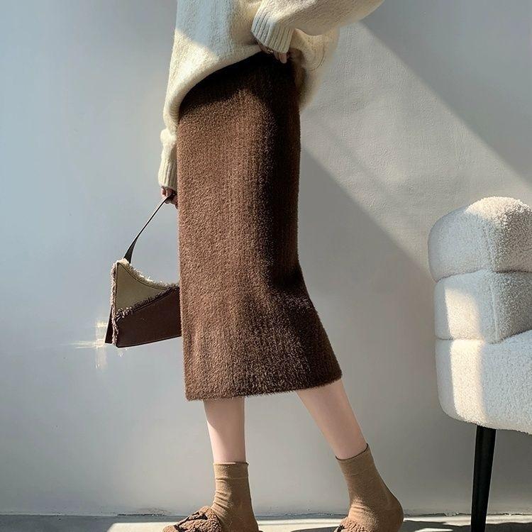 Knit Skirt Winter Thick Sweet High Waist Straight Midi Slit Bodycon Pencil Skirt
