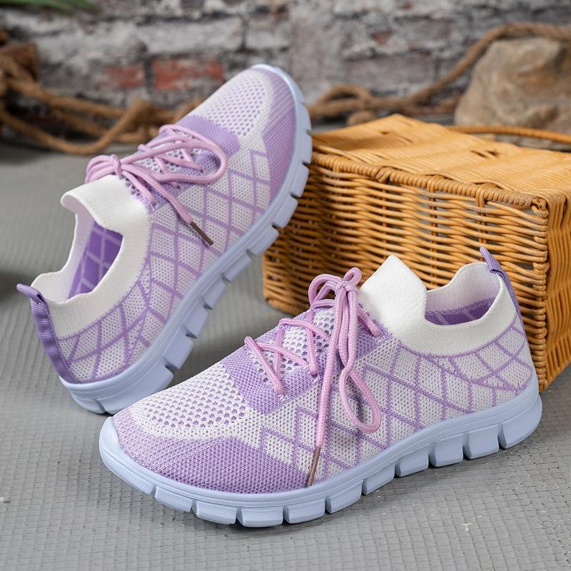 Women's Breathable Knit Lace-Up Casual Sports Shoes, Thick-Soled Trendy Footwear, Available In Large Sizes.