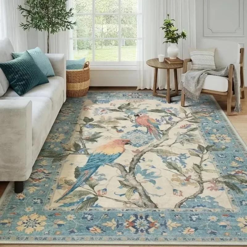 Floral Birds Pattern Area Rug Flower Bird Carpet for Living Room Bedroom Bedside Soft Non-Slip Washable Floor Mat Home Decor