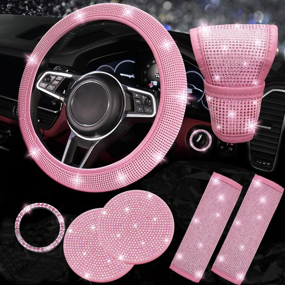 Sparkling Car Steering Protection Cover Set Rhinestone Steering Wheel Protective Case  Car Interior