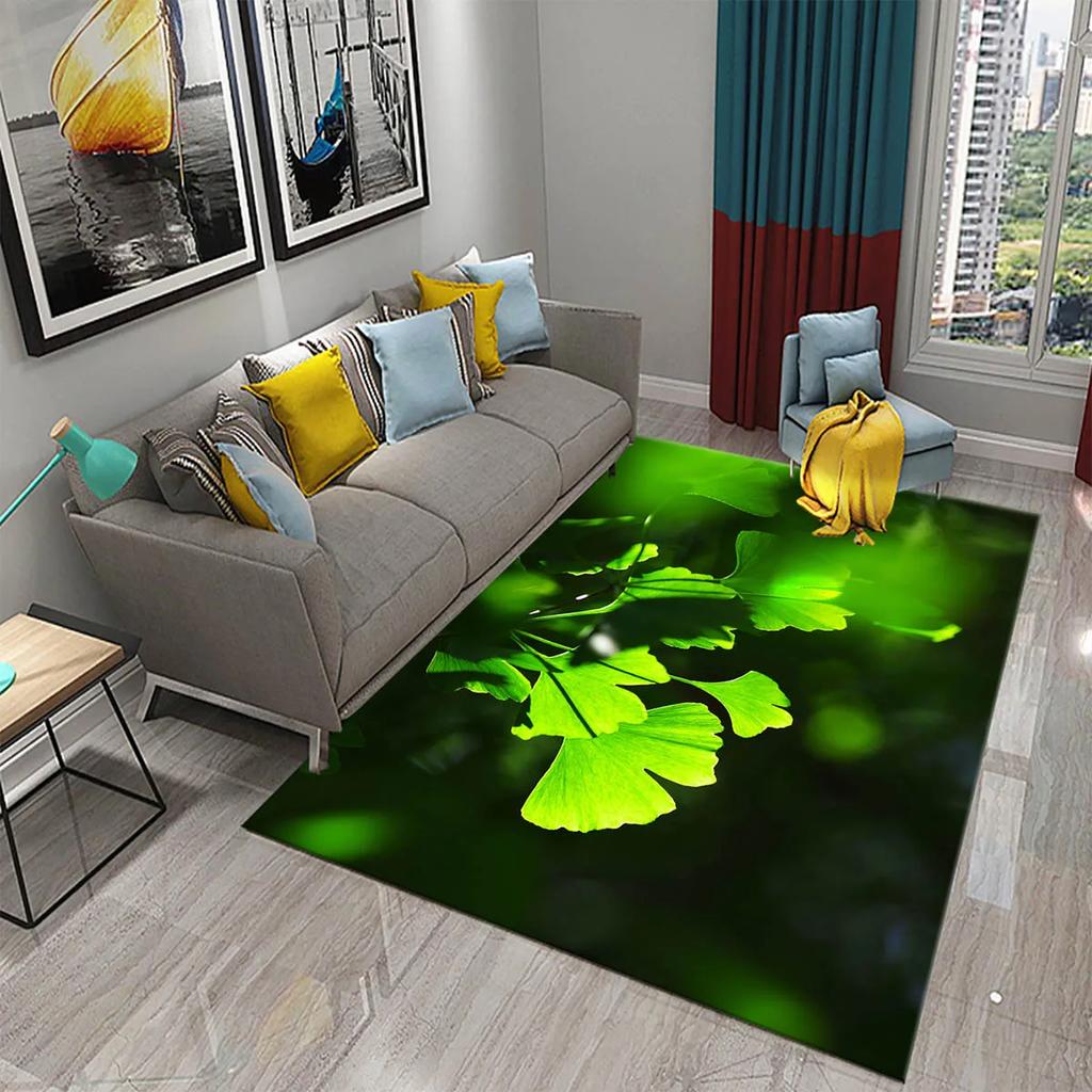 Green Leaves Carpet Natural Landscape Rug Black Rectangle Area Rugs for Adults Yoga Mats Bedroom Living Room Decor Soft Door Mat