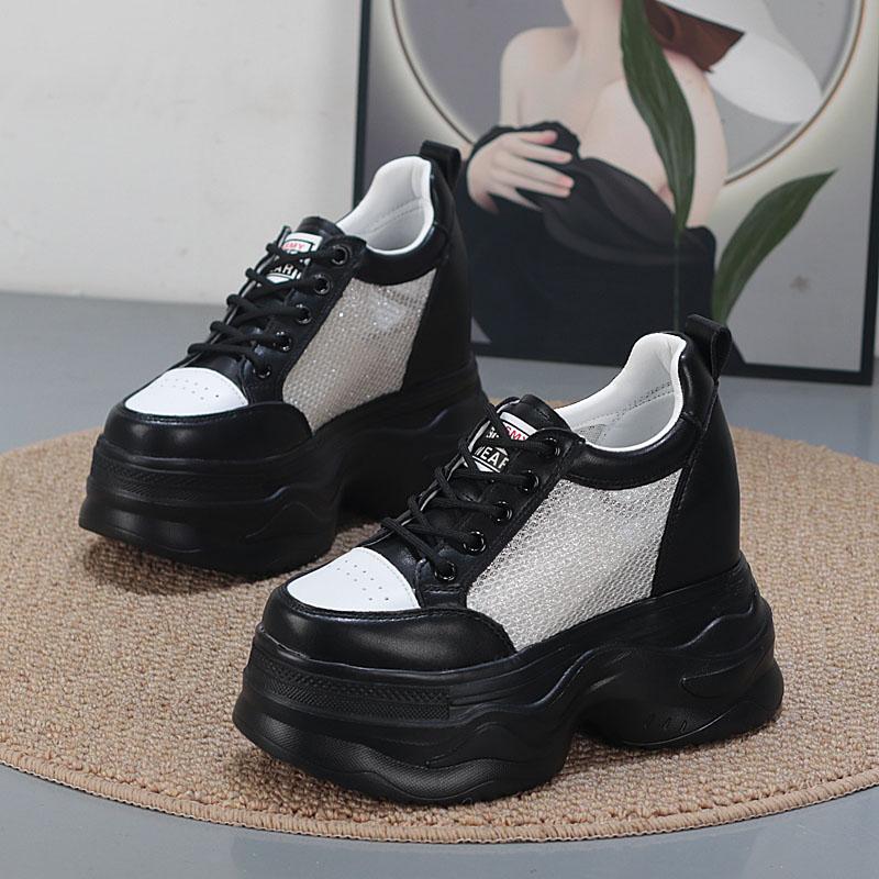Fashion 12CM Air Mesh Microfiber Leather Ankle Boots Hollow Chunky Sneaker Women Comfy Summer Mixed Color Fashion Vulcanize Shoes
