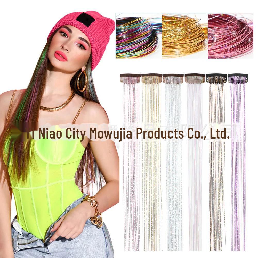 Set de extensii de păr cu beteală Laser Silk, format din 6 bucăți: Șuvițe aurii și argintii, fără cusur, colorate, cu sclipici