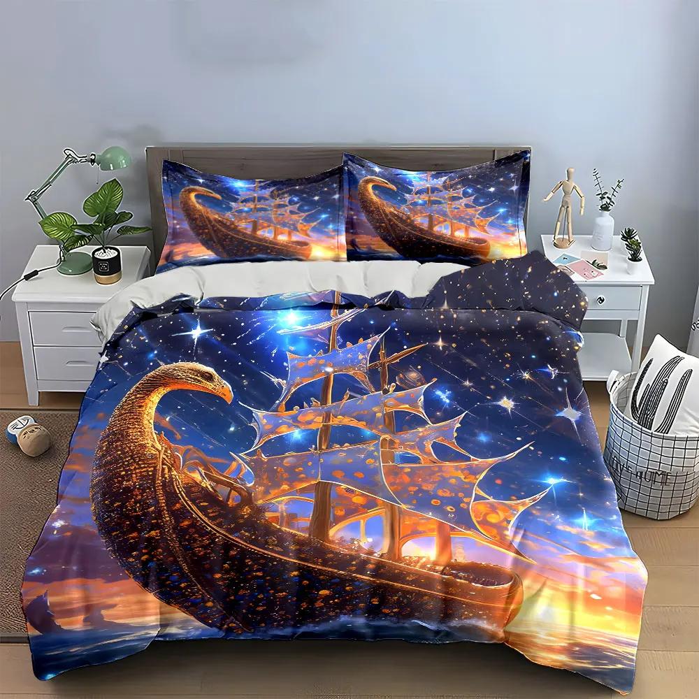 Golden Ship Fantasy Decor Multiple sizes kid's and adults' bedroom Exquisite 3PC bedding set gift