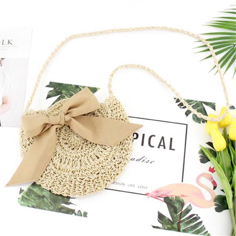Sommer Stroh Strandtasche Schleife Damen Umhängetaschen Runde Taschen mit Schleife