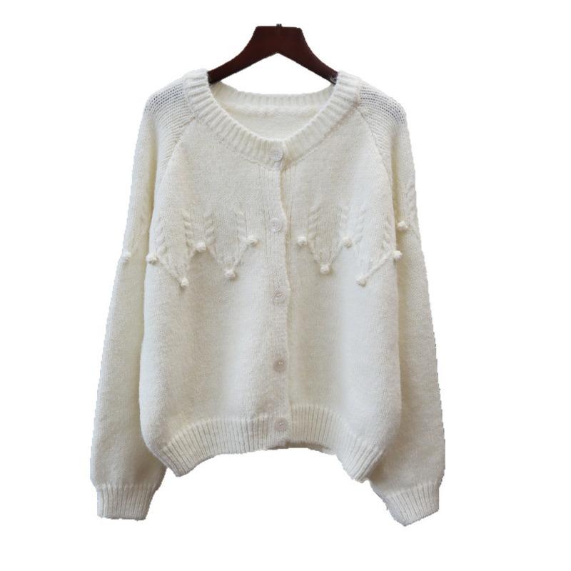 Autumn and winter new design sense heavy industry crochet knitted cardigan loose soft waxy crew neck sweater jacket women