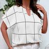 BITCED Spring and Summer Women's Large Size Plaid Printed T-shirt Short-sleeved Shirt Missing Corner Collar Bat Sleeve Tops