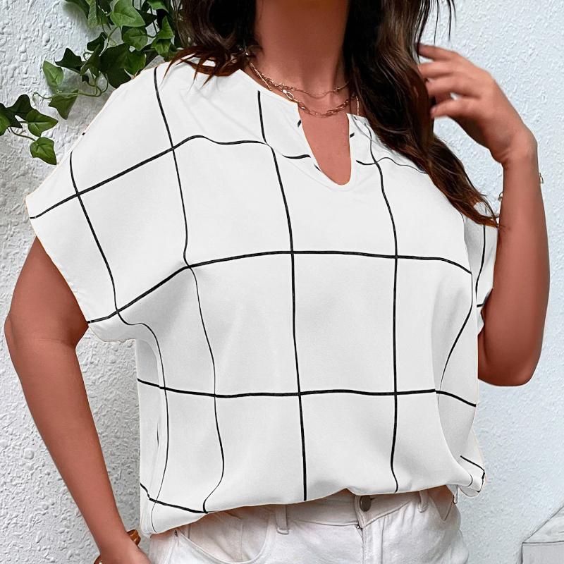 BITCED Spring and Summer Women's Large Size Plaid Printed T-shirt Short-sleeved Shirt Missing Corner Collar Bat Sleeve Tops