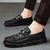 Men's Black Breathable Slip-On Loafers - British Korean Casual Leather Shoes