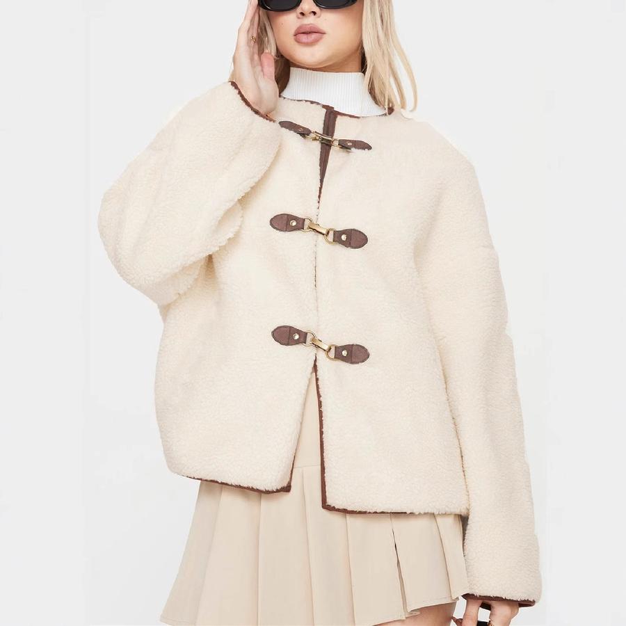 

Winter Women s Thick Faux Fur Buckle Crew Neck Long Sleeve Short Cardigan Fashion Chic Coat XL абрикосовий