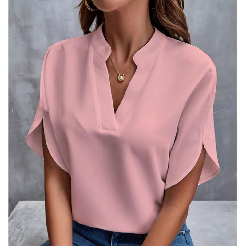 BITCED Women's Fashion Casual Solid Color Print Short Sleeve V Neck Blouses & Shirts International Design