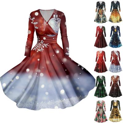 Women's Christmas Tree Snowflake Print V-Neck Slim Fit Long Sleeve Swing Dress