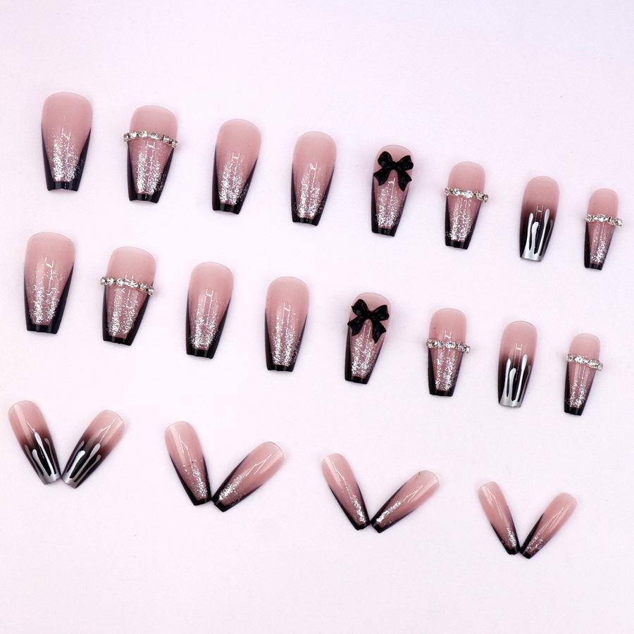 24 Pieces  style black French bow diamond model flash glitter water drop pattern white fake nails wear armor