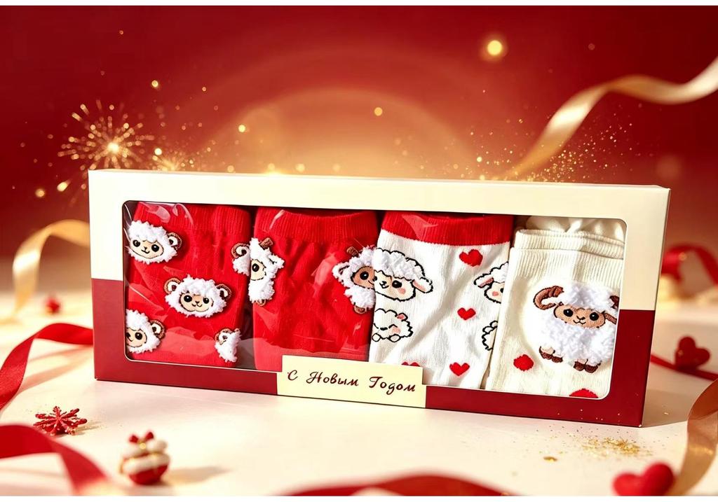 Women's Christmas Mid-Calf Animal Socks, Korean Style, Pure Cotton, Gift Set, Benming Year New Year Edition.