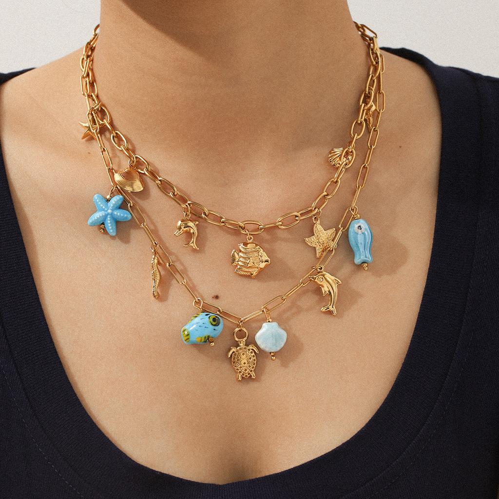 Ocean Themed Titanium Steel Necklace With Starfish Dolphin Seahorse Shell Pendant Choker Chain Women's Jewelry