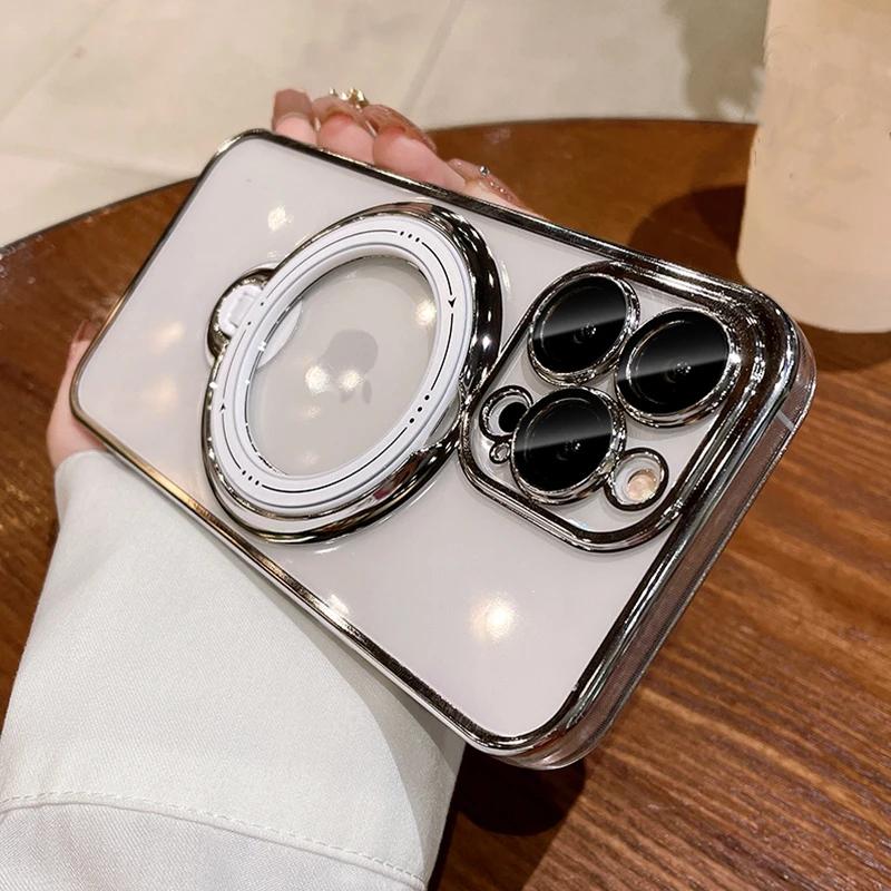 

Роскошный чехол Magsafe для беспроводной зарядки iPhone 16 15 14 13 12 11 Pro Max Plus с прозрачным магнитным кольцом и кронштейном, чехол-бампер iPhone 16 Pro Max