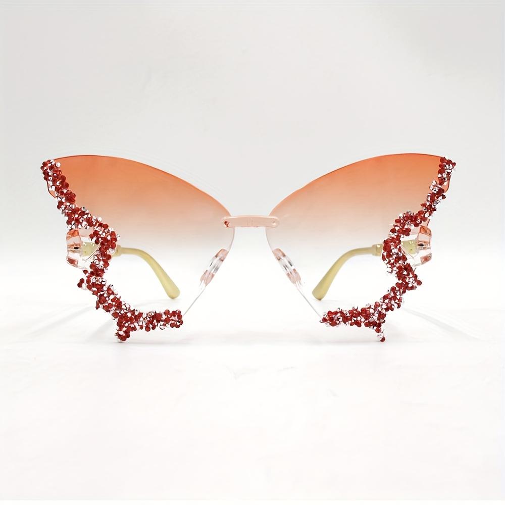 1/2 Pair Novelty Rhinestone-Adorned Butterfly Fashion Glasses for Women - Bold Frameless Design, Fashion-Forward Statement Piece Orange