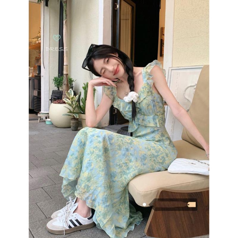 Tea break floral suspender dress women s summer new slim and thin seaside vacation beach dress S