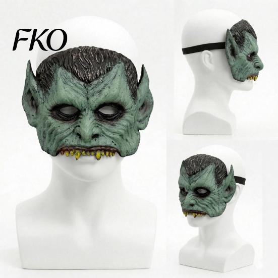 Comfortable Horror Costume Mask Green Vampire Halloween Mask, Half Face with Pointy Ears & Sharp Teeth, Retro Dark Cosplay Distressed Party