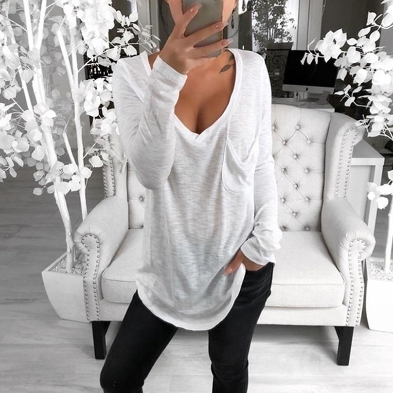 Fashion T-shirt Wild T-shirt Sexy V-neck Shirt Loose Pocket Top Casual Long Sleeve Bottoming T-shirt
